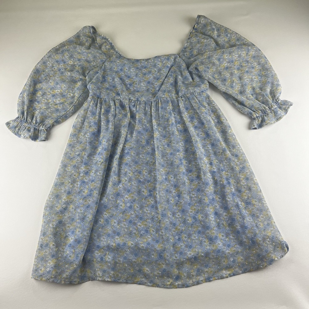 Altar'd State Blue Floral Babydoll Dress Gold Clip Dot Square Neck Large